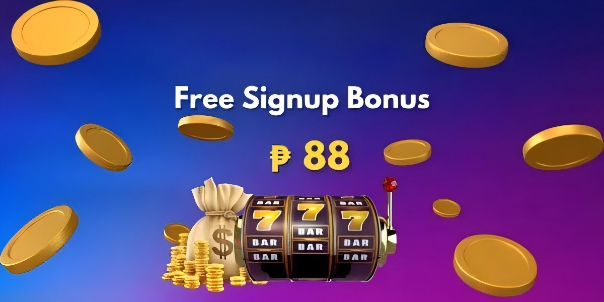 Promotional illustration with coins, a slot machine and an 88 peso signup message