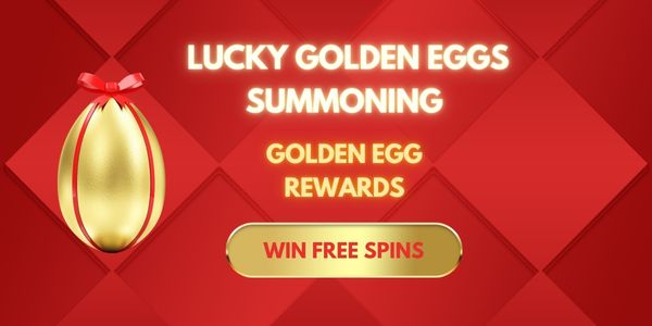 Red promotional artwork with a golden egg and free spins lettering